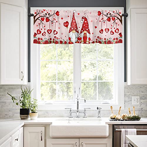 Fandim Fly Rod Pocket Curtain Valance,54" X 18",Romance Gnome Couple Red Love Heart Tree For Valentine's Day Window Curtain Valance For Kitchen Bathroom Living Room #TOP1