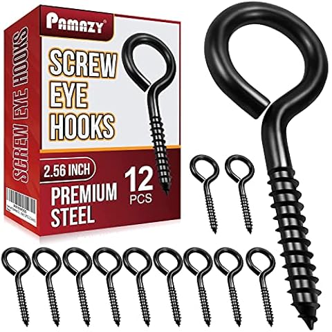 PAMAZY 12Pcs Screw Eyes, 2.56 Inch Black Eye Hooks Screw Self Tapping Eye, Heavy Duty Eye Bolt for Wood Securing Cables Wire, Hammock Stand, Indoor & Outdoor Use Cover
