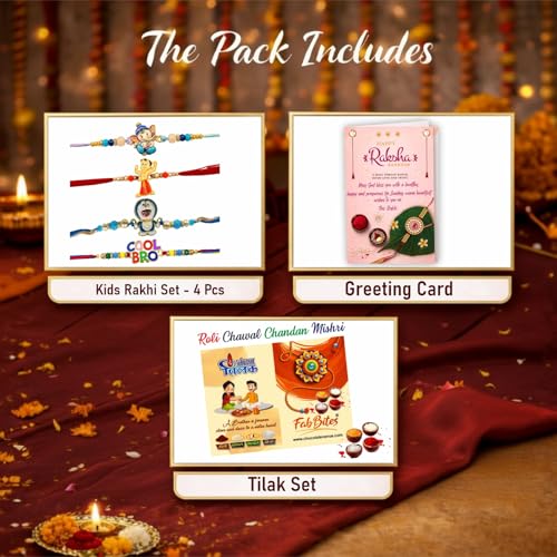 Image of Fabbites Rakhi Combo Set of 4 for Kids, Cartoon Character Cute Design Premium Rakhi for Kids Boy,Girl,Small /Little Brother,Baby,Toddler,Nephew with Rakshabandhan Greeting Card,Tikka Set