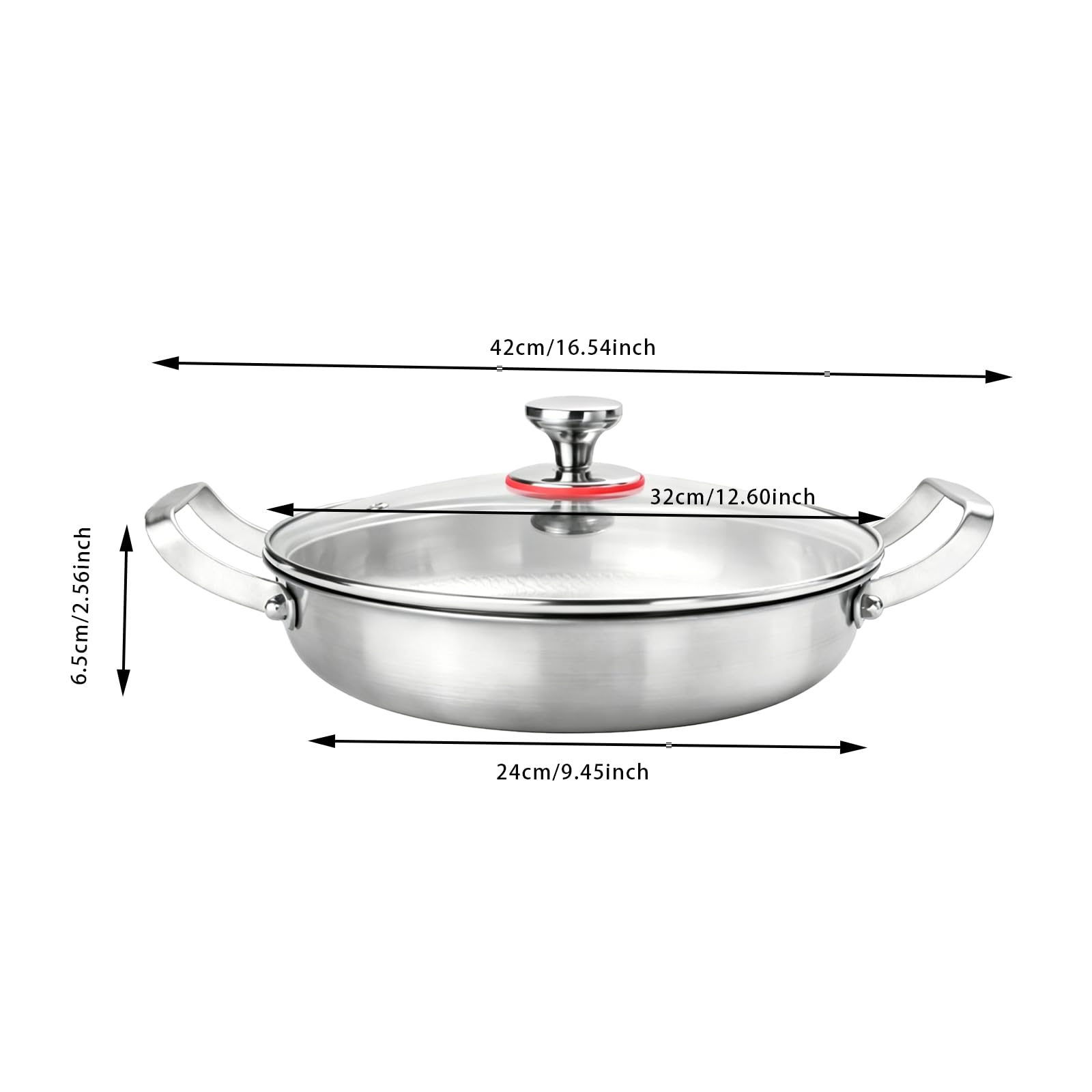Padella in acciaio inox martellato titanio 32 Cm, Padella a tre strati induzione, senza rivestimento antiaderente naturale, friggere saltare stufare a vapore, coperchio vetro 2 maniglie