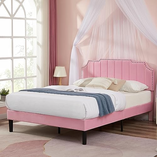 VECELO Pink Full Size Bed Frame Upholstered Platform with Tufted Adjustable Headboard/Mattress Foundation with Wood Slat Support, Easy Assembly,for Kids