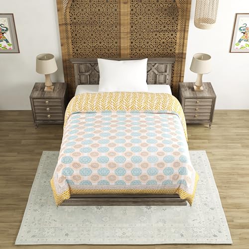 Image of BLOCKS OF INDIA Cotton Single Size Quilt Hand Block Print for Light Winters (60X90 Inches) (Green Chakri, 300 Tc)