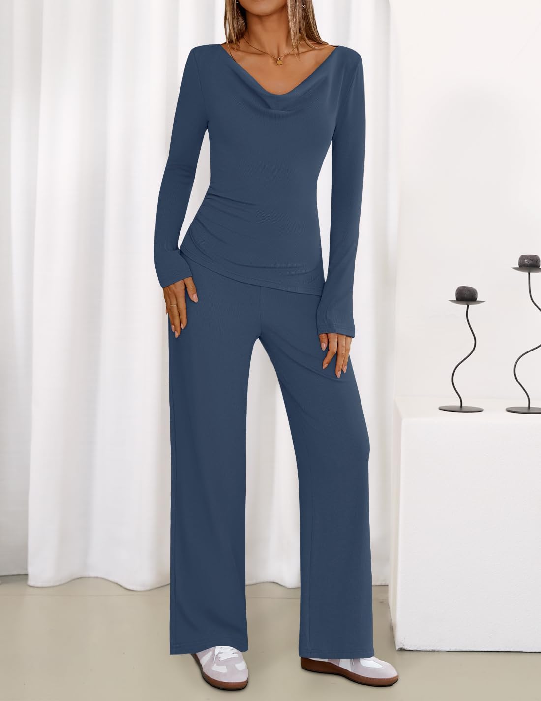 ZESICA Womens 2026 Spring Summer Asymmetrical Lounge Sets Long Sleeve V Neck Top Wide Leg Pants 2 Piece Matching Set Outfit - Image 3