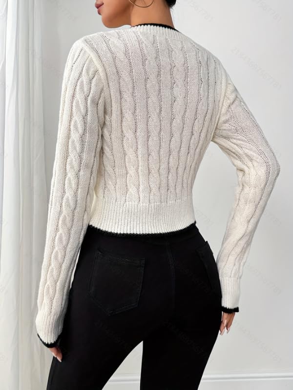 Women's Cable Knit V-Neck Sweater, White with Black Trim, Bow Brooch Detail, Long Sleeve2