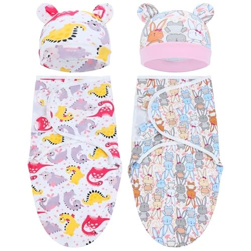 Image of Cinaci 2 Pieces Adjustable Soft Cotton Baby Swaddle Sleep Sacks Hats Newborn Nursery Caps Beanies Bonnets Swaddle Blanket Wraps for Baby Girls Boys Infants Newborns (2PCS S5)