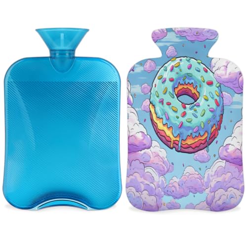 Hot Water Bottle with Soft Cover,2L Fantastic Donut Hot Water Bag for Hot and Cold Compress, Hand Feet Warmer, Graffiti Donut Rubber Hot or Cold Water Bottle Halloween Christmas Decorations