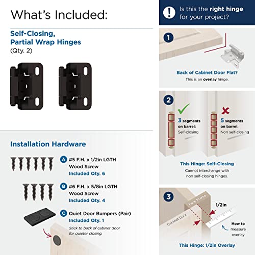 Image of Amerock 1 Pair 1 /2 inch Overlay Oil-Rubbed Bronze Partial Wrap Cabinet Hinge | Self-Closing Steel Cabinet Hinge for Kitchen and Bathroom Cabinet Doors with a 1 /2 inch (13 mm) Overlay, Partial Wrap