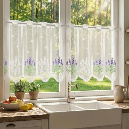 Scheibengardinen Bistrogardine - Weiß Bistrogardine Spitzenvorhänge mit Lavendelmuster Transparent Jacquard Küchengardine Spitze Kurzgardine Blumen Scheibengardine Kurze küchengardinen 120 x 50cm