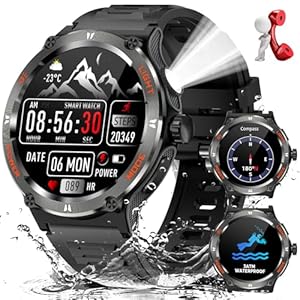 Military Smart Watch for Men with LED Flashlight 500mAh Big Battery Tactical Smart Watch 1.53” Big Screen Rugged Smartwatch 3ATM Waterproof Fitness Tracker with Health Monitor for iPhone Android
