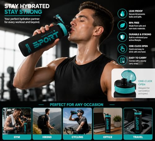 Image of Sport Water Sipper Bottle with Soft Silicon Straw, Leak Proof, 1000ml, (GREEN BLACK)