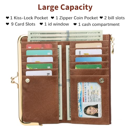 GOIACII Womens Wallet Ladies Vintage Billfold Compact Card Holder Long Zip Clutch Purse with Kiss Lock Brown3