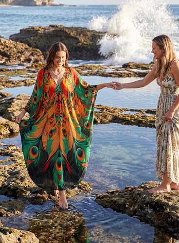 Image of Yanziliu Kaftan Dress for Women,Plus Size Hawaiian Batwing Sleeve Beach Cover Up Summer Swimsuit Dresses