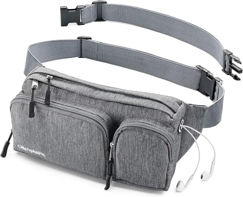 Gürteltasche für Damen und Herren, süße Hüfttasche – zum Wandern, Reisen, Campen und Laufen – Loch für Kopfhörer, Geldgürtel mit 6 Taschen, Gurtverlängerung (grau)