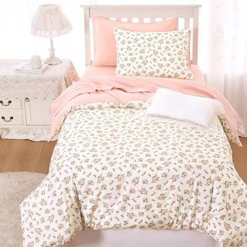 Image of Wake In Cloud - Floral Comforter Set, Coquette Cottagecore Aesthetic Flower Shabby Chic Pattern for Women Teen Girls, Soft Lightweight Bedding, 3 Pieces, Peach Blush, Twin /Twin XL Size