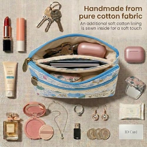 Image of Women Small Zipper Coin Purse, Handmade Fabric Flower Embroidered Change Pouch, Cotton Double Zipper Wallet