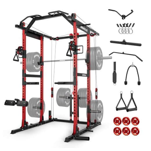 Mikolo Power Cage, Power Rack with Cable Crossover System, 2200 LBS Capacity Squat Rack with More Training Attachment, Red