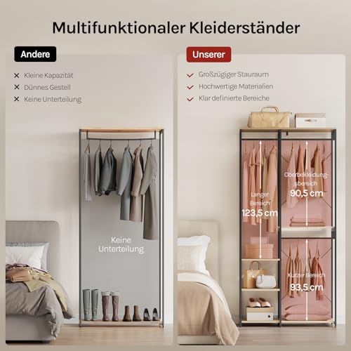 WOLTU Kleiderständer mit Ablage, für Schlafzimmer Flur, Offener Garderobenständer stabil, aus Holz und Metall, Schwarz + Hell Eiche – Ansicht 4