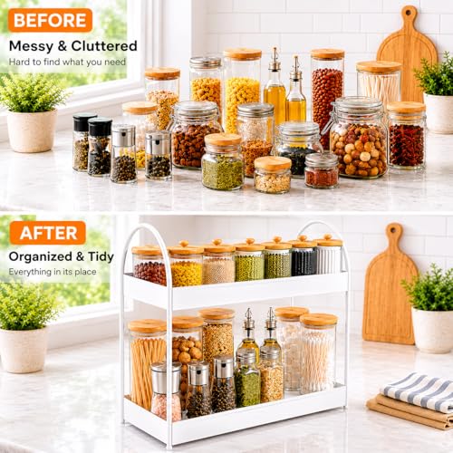 Image of Homeor 2-Tier Metal Countertop Organizer | Heavy Duty Standing Rack for Kitchen Spice Storage & Bathroom Vanity | Multi-Purpose Shelf For Kitchen, Cosmetic & Toiletry Display Shelf, White