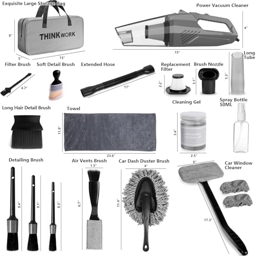 THINKWORK Car Cleaning Kit, Car Vacuum Kit, Gray Car Interior Detailing Kit with 8000PA High Power Vacuum, Including 7Pcs Detailing Brush Set and Bag - Image 8
