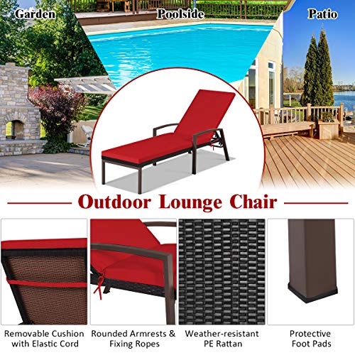 Tangkula Patio Rattan Lounge Chair, Outdoor Reclining Chaise Lounge With Cushion And Armrest, Wicker Sun Lounger With Adjustable Backrest For Garden, Balcony, Poolside (1, Red) #TOP5