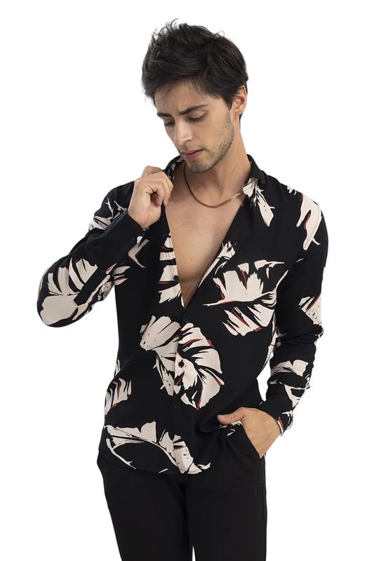 Image of SNITCH Cut Leaf Black Shirt Rayon Slim Fit Shirt