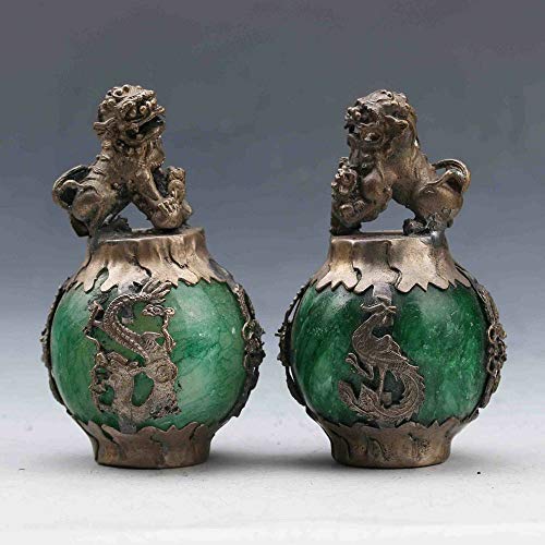 Acxico 1Pairs Exquiste Chinese Silver Dragon Inlaid Jade Hand Carved Lion Statue #TOP1