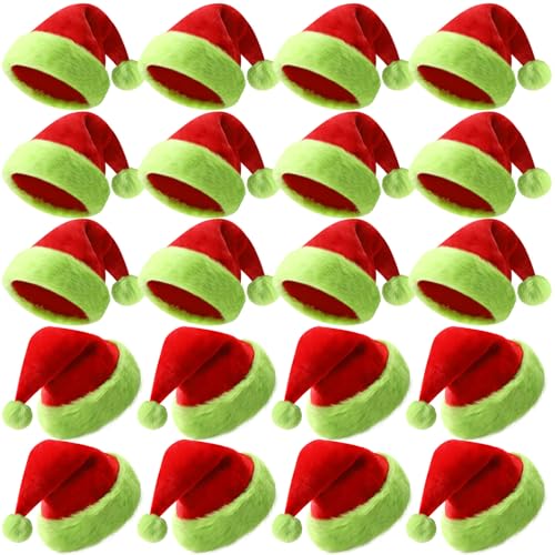 Image of 20 Pcs Santa Hats Bulk Plush Christmas Hats for Adults Women Men Holiday Party Costume(Red and Fluorescent Green)