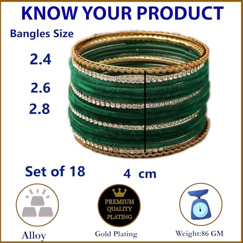 Image of ZENEME Gold-Plated Matte Finish Velvet White American Diamonds Studded Bangles Set Of 18 For Girls and Women