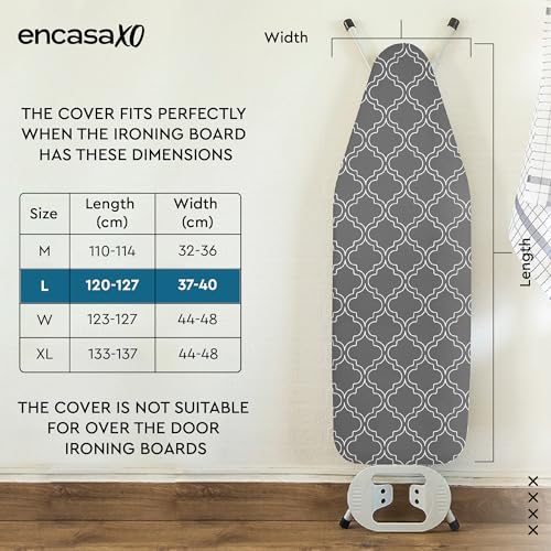 Image of Encasa XO Ironing Board Cover with 3mm Thick Felt Pad for Steam Press (Fits Standard Large Boards of 125x39 cm) Heat Reflective, Scorch & Stain Resistant, Printed - Grey Tiles