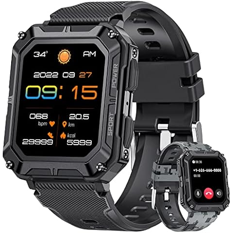 Military Smart Watch Men with Bluetooth Answer Make Call Compatible Android iOS Phone, Smartwatch with Heart Rate Warning SPO2 Pressure Monitor, 5ATM Waterproof Tactical Fitness Watch with 123 Sports Cover
