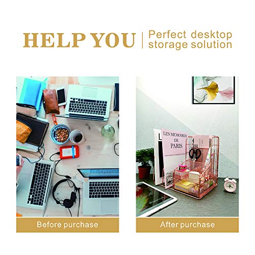 Rose Gold Mesh Desk Organizer Office Accessories (Give for Four Binder Clips) Multifunctional Desktop with 6 Compartments 1 Sliding Drawer for Home, Office, Cosmetic, Home Decor Box Storage
