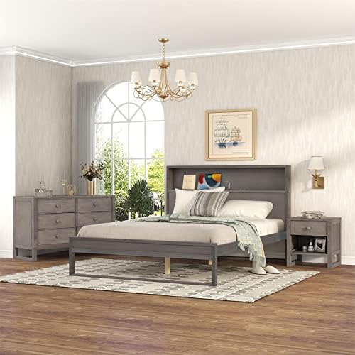 3-Piece Bedroom Set Queen Size Wood Platform Bed Frame Built-in USB Port Headboard with A 6-Drawer Dresser and One Nightstand for Kids Teens Boys Girls Bedroom, Antique Gray