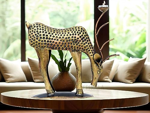 Image of KRAFTSKALA Decorative Showpiece Iron Metal Deer with Tea Light Candle Holder, 14 inch Large Deer Statue Home Decor Item for Living Room, Doorway (Deer)