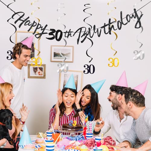 Image of 30th Birthday Decorations for Boys Swirls Streamers Set, Hanging Vortex Happy 30th Birthday Banner for Girls, Black and Gold 30 Birthday Decor Party Bunting