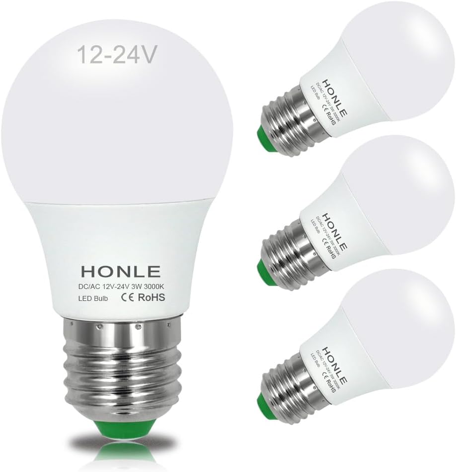 12-24V 3W AC/DC Low Voltage LED Light Bulbs Warm White 3000K E26/E27 Edison Standard Screw Base Replace 25W for Off Grid Solar Panel Project Pack of 4