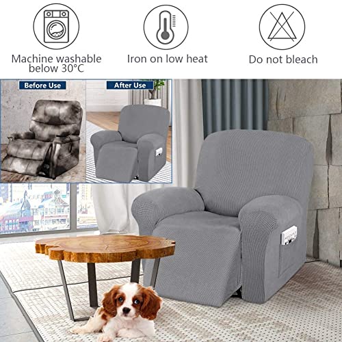 Stretch Recliner Chair Cover, Recliner Slipcover 4 Piece Furniture Protector, 1 Seater Chair Slipcover With Pocket, Small Checked Jacquard Chair Cover (Color : Silver) #TOP6