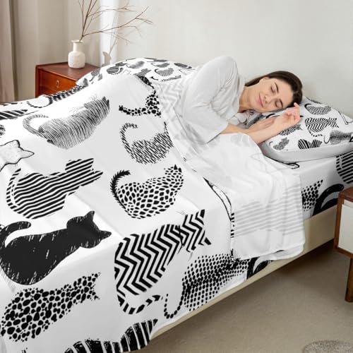 Image of Cat Kitten Silhouette Bed Sheet Queen Size,Striped Polka Dots Sheets,Cute Cat Pattern Bedding Sets (1 Fitted,1 Flat,2 Pillowcases) Luxury Deep Pocket Bed Sheets