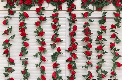 Image of VRB Dec 1 Pcs Artificial Flower Vine Garlands Hanging Artificial Flowers for Decoration Roses Garland (6 ft Long) Flowers Silk Roses for Wedding Decorations Diwali /Ganpati /Christmas. (Red), 10 cm