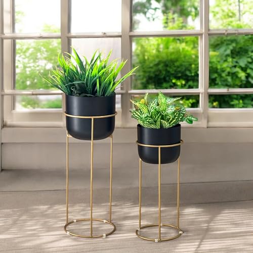 Image of Decorative Black Planters with Gold Stands for Indoor Plants | Metal Planters for Living Room Bedroom Balcony Home and Office | Set of 2