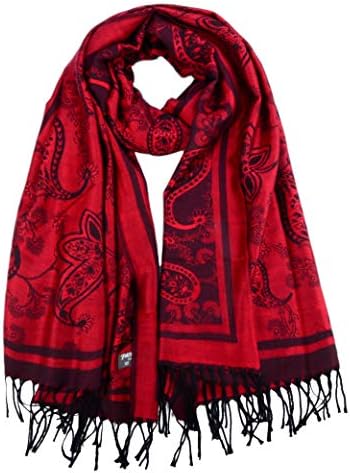 Women's Pashmina Shawl Paisley Pattern Scarf Tassels Wrap Colorful Ethnic (2005-Red &Black)