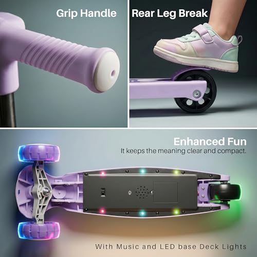 Image of Baybee Dino Crown Kick Scooter for Kids | 3 Wheel Kick Scooter with RGB LED Wheels & Music | 3 Height Adjustable Handle & Rear Brake | Foldable Scooter for Kids 3 to 8 Years Boys & Girls (Purple)