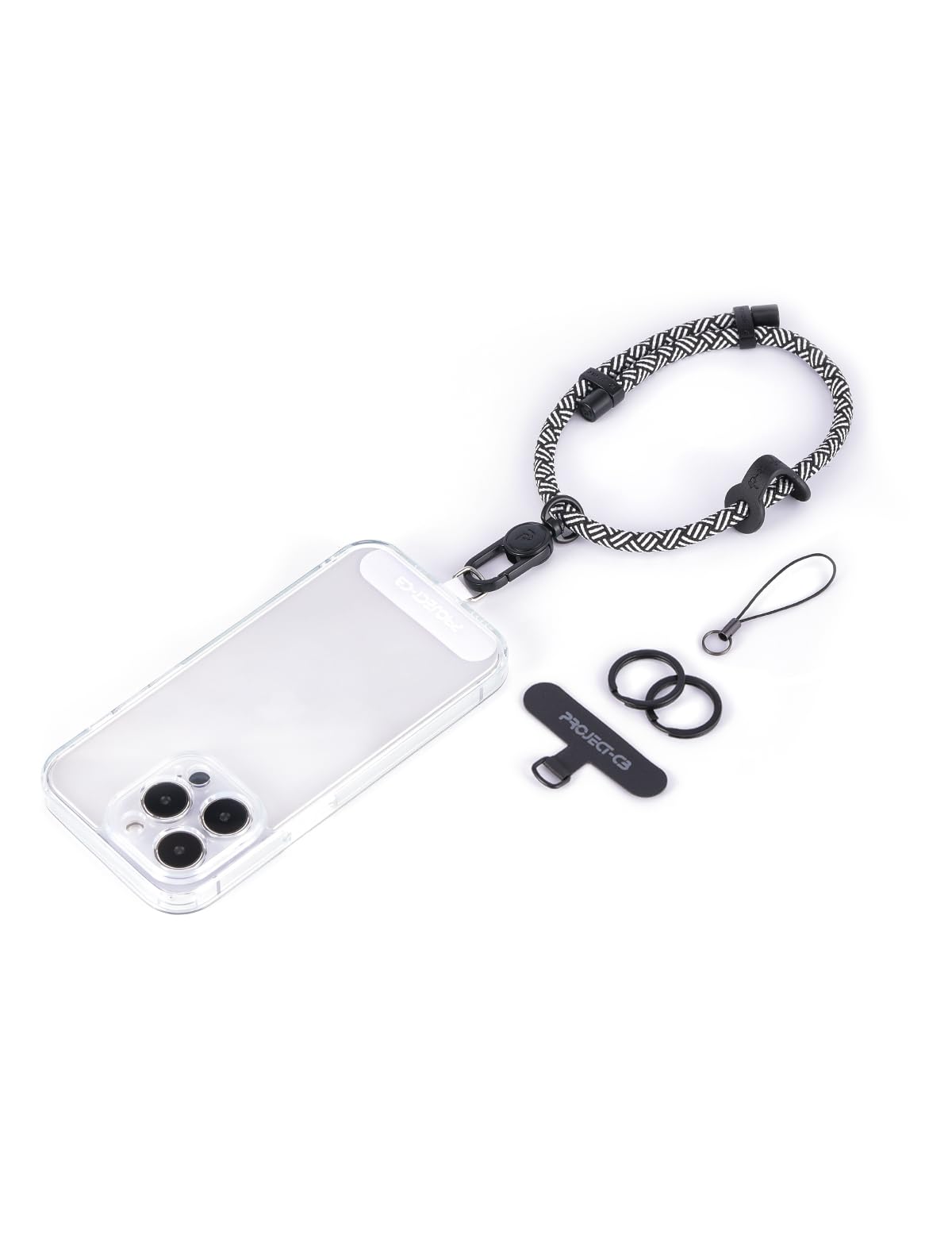 project-cb Cell Phone Wrist Strap 1, Tether Tab 2,Key Ring×2,Adjustable Phone Wristlet Strap 20cm-40cm,Hand Lanyard,Keychain(White-Black-B)