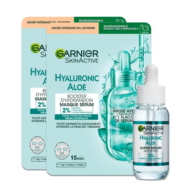 GARNIER Skin Active – Rutina hidratante y rellenadora – potenciador de la humedad + sérum – Ácido hialurónico y aloe vera – Vegano & Cruelty Free – Piel seca y sensible