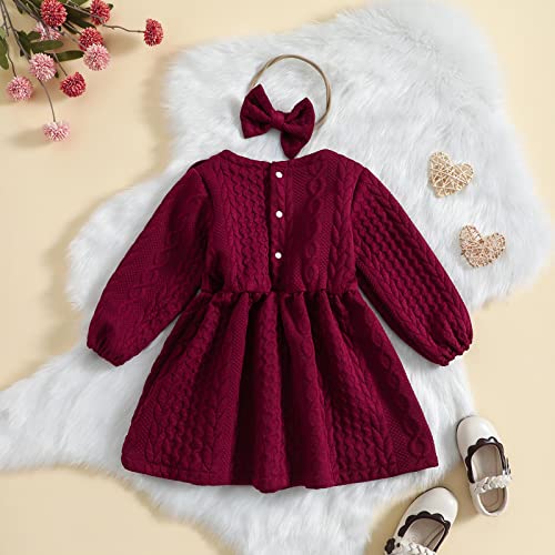Baby Girl Knit Dress Long Sleeves Sweater Dress Toddler Fall Winter Outfits with Bowtie3
