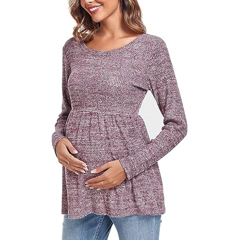 Ecavus Women's Maternity Ribbed Knit Shirts Long Sleeve Pregnancy Tops Comfy Stretchy Pregnant Blouses Cover