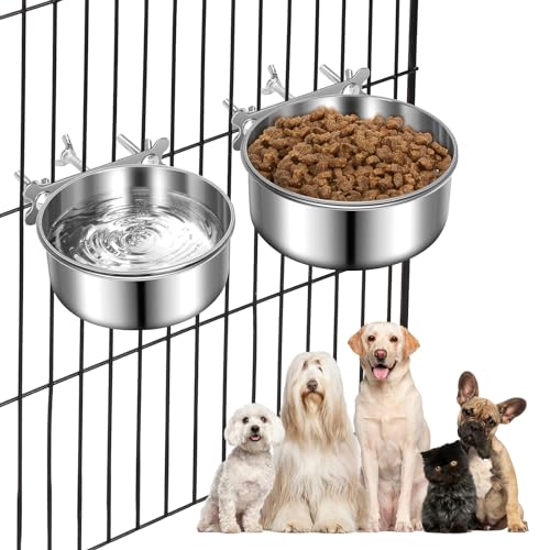 Dog Crate Dog Bowl, Beyoung 2 Pcs Stainless Steel Food Water Bowl Durable Anti-Spill Hanging Pet Bowls with Clamp Holder Crate Feeder Dish for Small Dogs Pets (4.7x2'' & 3.9x1.8'')