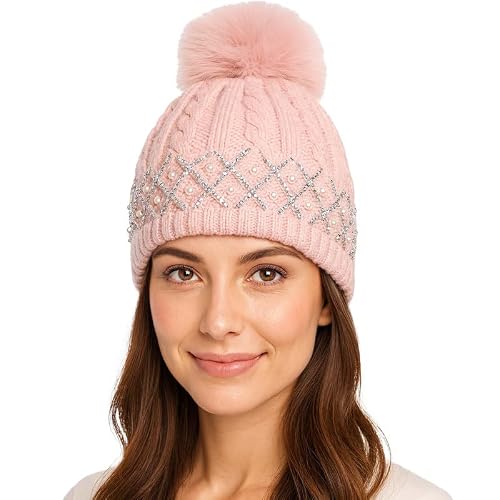 Image of Warm Winter Knitted Beanie Hat for Women and Girls, Soft Ribbed Cap with Pearls and Crystal Decoration, Cosy Thick Zigzag Pattern Design with Pom Pom, One in Multi Colours