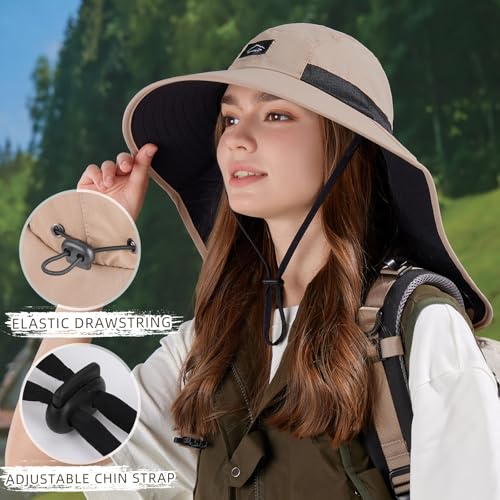 Image of Rosoz Outdoor Sun Hat for Men Women, UPF50+ Protection Safari Cap Wide Brim Mesh Fishing Hat with Neck Flap Beach Garden