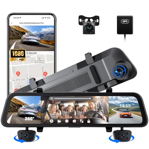 1080P Mirror Dash Cam, 12' 4 Channel Front and Rear Inside View Mirror Camera Mirror Dash Cam with GPS,Night Vision,G-Sensor,Parking Assistance,APP Control,Parking Monitor,Waterproof Backup Camera