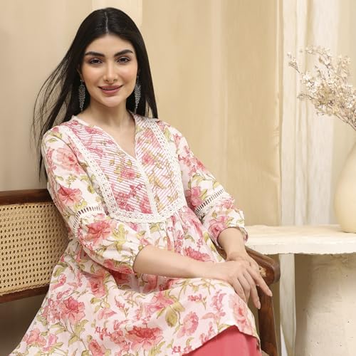 Image of BIBA Women Cotton Straight Fit A Line Printed Kurti